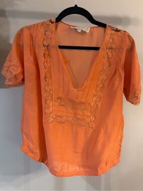 Beyond Vintage Lace-Trim V-Neck Blouse in Orange womens silk blend size small